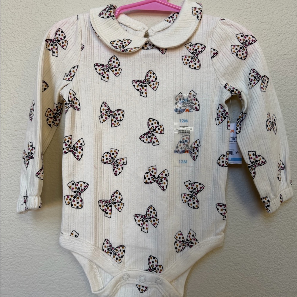 Baby Girls White Bow-Print Long Sleeve One-Piece Bodysuit